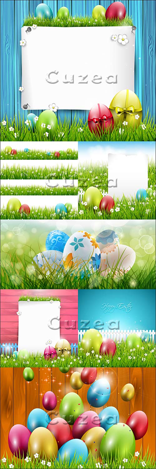       / Easter greeting card with colorful eggs on wooden background