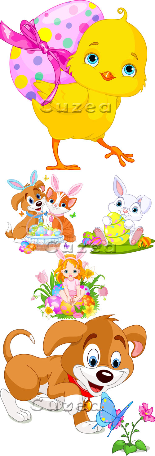      / Easter girl, animals and chicken in vector