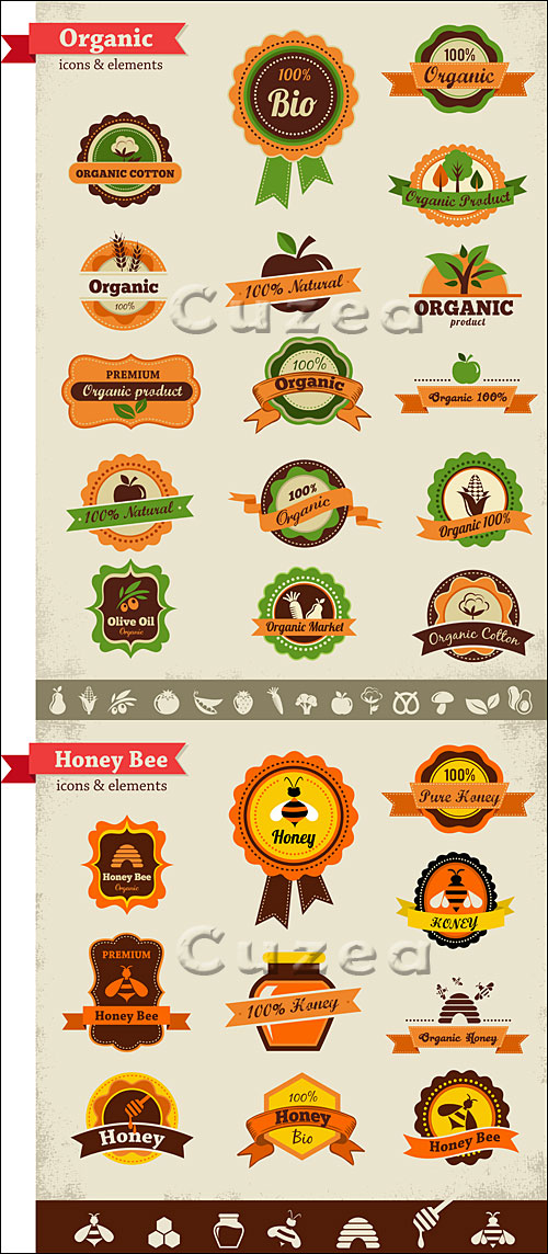     / Organic food labels, tags and graphic elements in vector